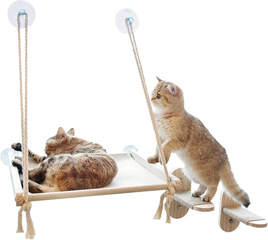 Cat Window Perch with 2 Steps, Easy to Assemble Hammock for Window Indoor/Outdoor Cat Seat/Bed Supports 40 lbs (Drilling-Free)