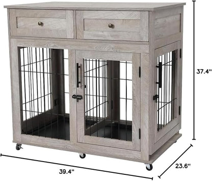 Dog Crate Furniture, Wooden Dog Kennel with Room Divider and Tray, Double Rooms Dog Cage, Wooden Dog Crate Table with 2 Drawers End Table