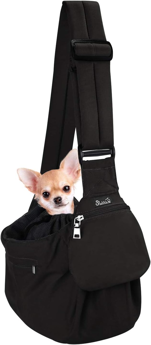 SlowTon Dog Carrier Sling - Hard Bottom Support Dog Carriers for Small Dogs with Adjustable Padded Shoudler Strap, Dog Purse for Puppy Cat Pet with Drawstring Opening Storage Zipper Pockets (Black)
