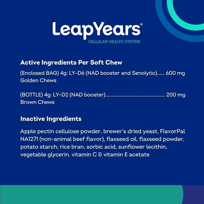 Leap Years Soft Chew Dog Supplement – Supports Healthy Aging, Cognition & Vitality; Veterinarian-Formulated for Brain, Heart & Muscle Health; Powerful NAD Booster & Senolytic Formula, Patent-Pending