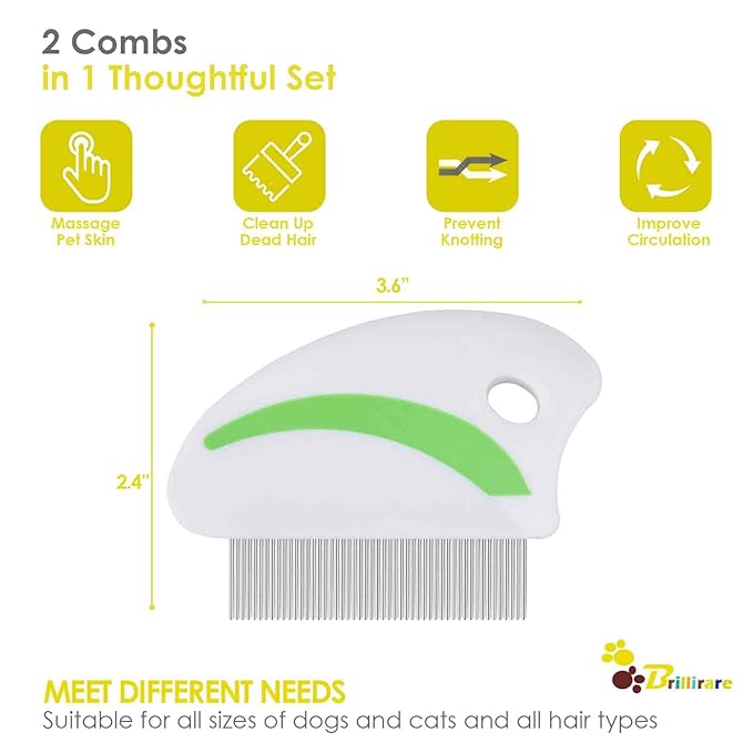 2 Pack Flea Lice Comb, Stainless Steel Dog Cat Grooming Combs with Rounded Teeth, Professional Pet Tear Stain Remover, Dematting Tool for Small, Medium & Large Pets