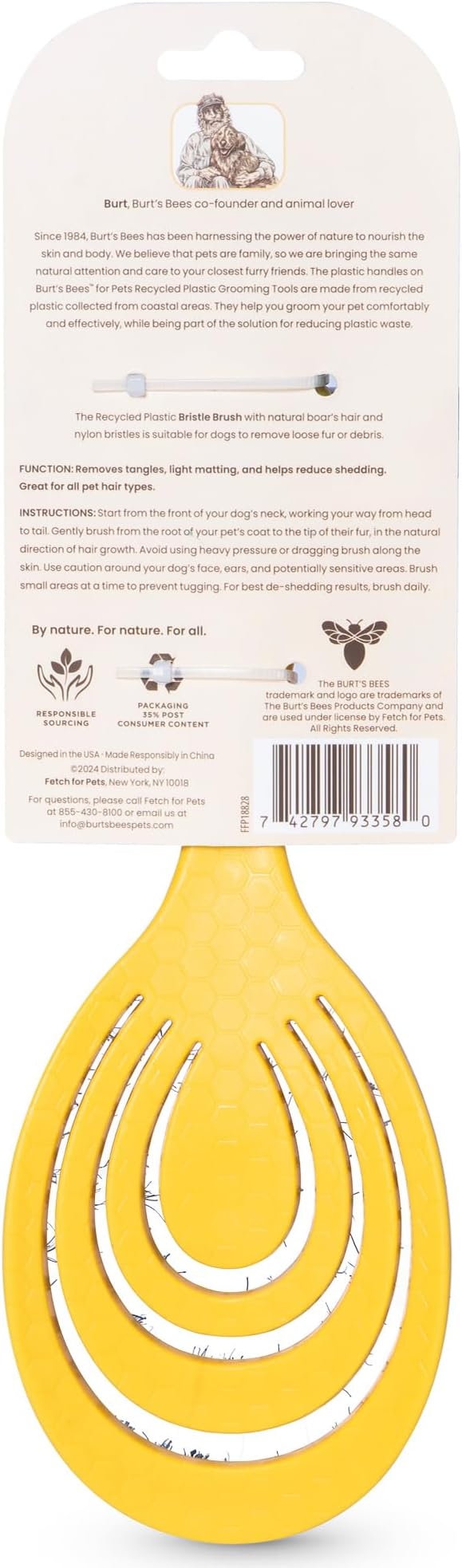 Burt's Bees for Pets Bristle Brush with Natural Boars Hair & Nylon with Handle Made from Recycled Plastics Collected from Coastal Communities | De-Shedding Dog Brush | Eco Friendly Dog Grooming Brush