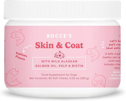 Bocce's Bakery Skin & Coat Supplement for Dogs, Daily Chews Made in The USA with Vitamin E & Essential Fatty Acids, Supports Healthy Skin & Coat, Salmon, 60 ct, Red (DG-SP-SKIN60)