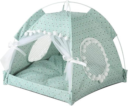 Cat Bed Tents Dog House Indoor Outdoor Lace Mesh Breathable Windows Door Curtains Removable Portable Nest Teepe House (Large,Mint&White)
