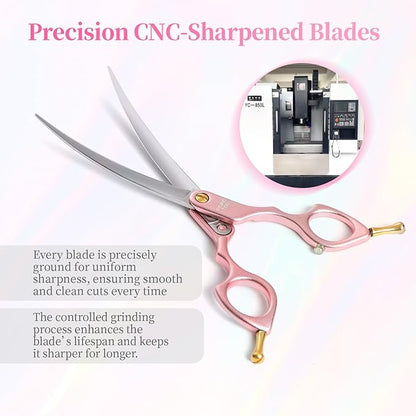 6.5'' Small Curved Dog Grooming Scissors Pink Professional Trimming Shears with Ultra-Lightweight Offset Handle CNC 440C Stainless Steel Blades Pet Scissors for Face and Paws