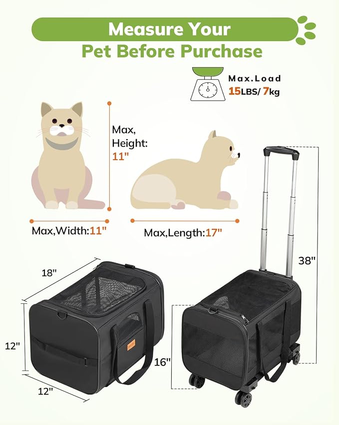 Morpilot Cat Carrier with Wheels Airline Approved, Pet Dog Carrier with Wheels for Small Dogs, Rolling Cat Carrier for Cats Puppy, Stroller Detachable and Foldable Pet Travel Bag (Large - Dark Gray)