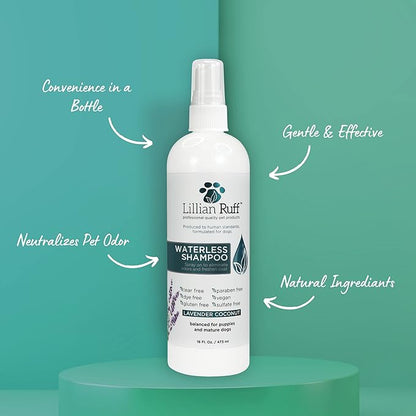 Lillian Ruff Waterless No-Rinse Dog Dry Shampoo Spray with Hydrating Essential Oils - pH-Balanced Dry Shampoo for Dogs - Clean, Condition, Detangle & Deodorize Dry, Sensitive Skin (Lavender Coconut)