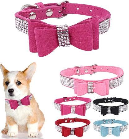 Bling Small Dog Collars for Female Dogs, Rhinestone Dog Collar with Bow tie, Crystal Jeweled Girl's Cat Collars Sparkling Glitter for XXS XS Small Dogs,Hot Pink,S