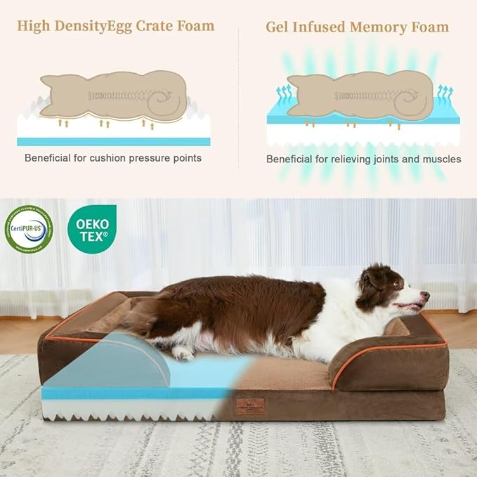 Cooling Dog Bed Orthopedic, Memory Foam Dog Bed for Large Dogs, Waterproof Dog Beds, Washable Dog Bed with Removable Cover,Pet Bed Dog Sofa with Bolster(Large,Khaki Brown)