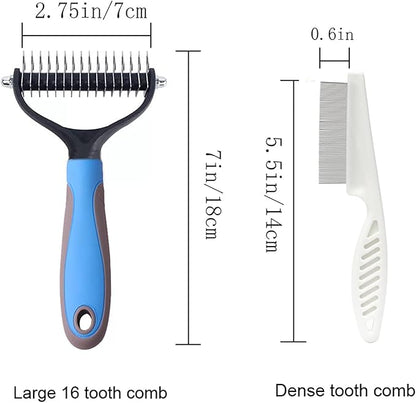 Double Sided Undercoat Rake Comb - Pet Grooming Tool for Dog and Cat Shedding and Dematting, Flea Comb Set (Blue/16 tooth)