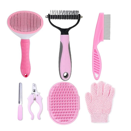 7 PCS Dog Grooming Kits,Pet Shedding Brushï¼_et Self-Cleaning Brush with Pet Nail Clipper, Flea Comb and Shampoo Bath Brush