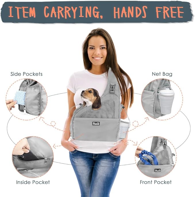 SlowTon Pet Dog Sling Carrier, Hands Free Hard Bottom Papoose Small Animal Puppy Up to 6 lbs Travel Bag Tote Breathable Mesh Support Adjustable Padded Strap Pocket Safety Belt(Widened Grey)