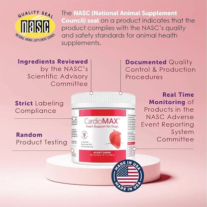 Heart Support Supplement for Dogs-Vet-Formulated, Antioxidant-Rich-L-Taurine, L-Carnitine,EPA,DHA,CoQ10-Aids Circulatory Strength, Cardiovascular Support, Heart Muscle Function-USA Made-60 Soft Chews