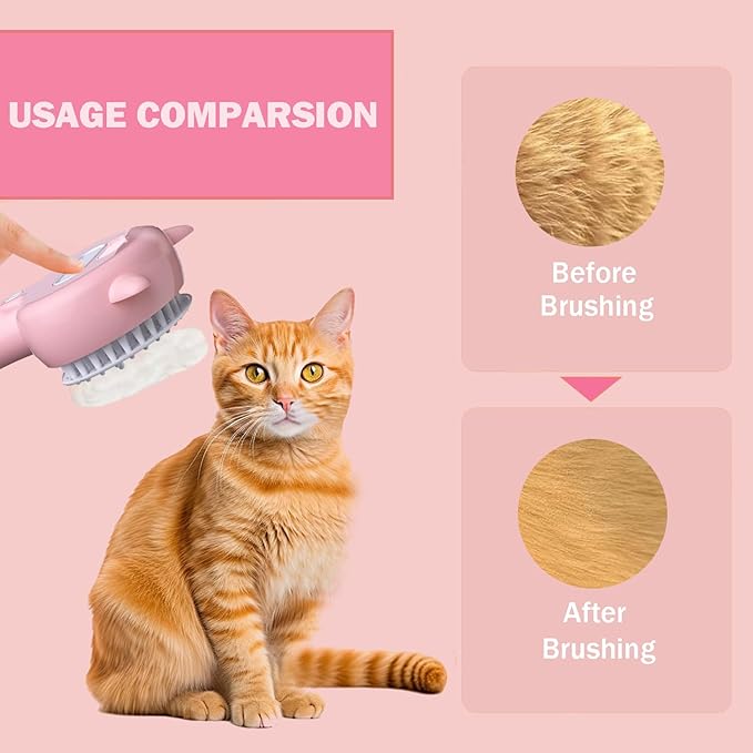 Cat Steam Brush, 3 in 1 Steamy Cat Brush for Shedding, Pets Spary Brush With Release Buttom, Self-Cleaning Cats Dogs Hair Grooming Comb, Pets Steamy Brush With Water Tank, Pink
