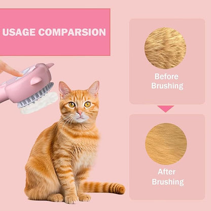 Cat Steam Brush, 3 in 1 Steamy Cat Brush for Shedding, Pets Spary Brush With Release Buttom, Self-Cleaning Cats Dogs Hair Grooming Comb, Pets Steamy Brush With Water Tank, Pink