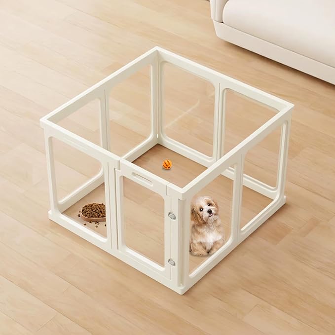 Acrylic Small Dog Playpen with Door, Clear Pet Play Pen Indoor, Easy Assemble Puppy Fence for Kitten Rabbit Small Animals, Plastic Bunny Kennel Cage Play Yard Portable Outdoor, White 8PCS