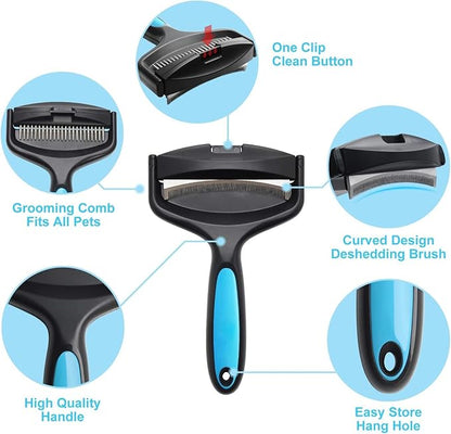 2-Sided Dematting & Deshedding Comb for Pets, Larger Size - 2 Types of Stainless Steel Brush Heads, Ergonomic Handle