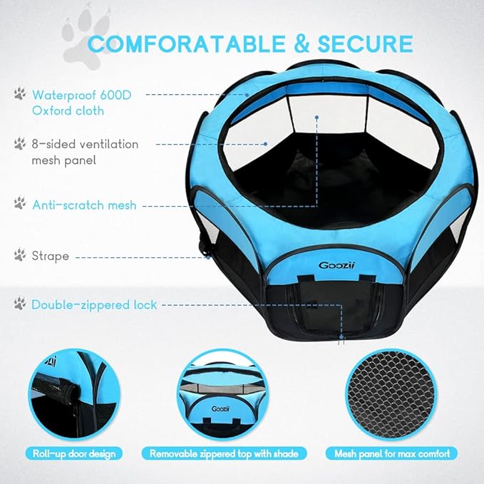 Dog Playpen Portable Collapsible, Indoor Outdoor Pet Puppy Exercise Playpens Case with Zipper Door Top Cover Floor for Large Cat Rabbit Travel Camping (Small Size, Black/Blue)