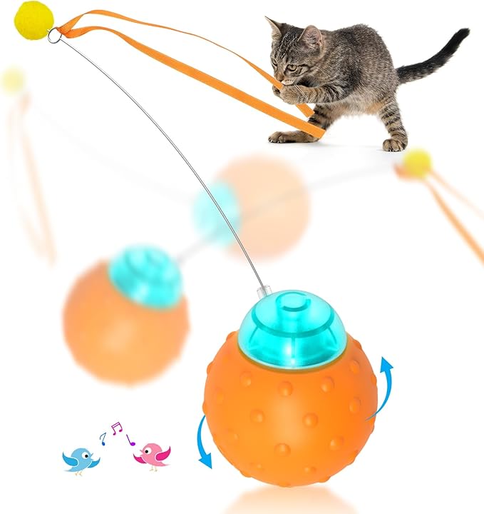 Interactive Cat Toy Ball, Touch Activated Cat Toys for Indoor Cats with Chirping Bird, Automatic Rolling Ball, Rechargeable Self Play Kitten Toys