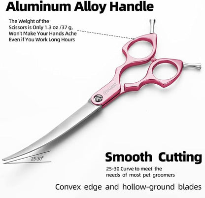 6.5" Curved Grooming Scissors for Dogs 440C Stainless Steel Professional Dog Grooming Scissors with Ultra-Light Aeronautical Aluminum Handle (Pink-Curved)
