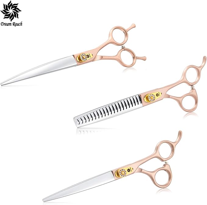 7 Inch Professional Pet Grooming Scissor, 440C Japanese Steel Straight & Curved & Thinning & Chunker Shears/Scissors for Dog Cat and More Pets (7-inch-Grooming Scissors Set 02)