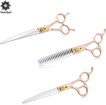 7 Inch Professional Pet Grooming Scissor, 440C Japanese Steel Straight & Curved & Thinning & Chunker Shears/Scissors for Dog Cat and More Pets (7-inch-Grooming Scissors Set 02)