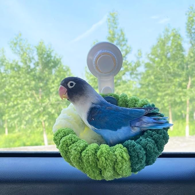 Portable Suction Cup Bird Perch Nest for Travel Car Window Glass, Warm Bird Sleeping hut Snuggle Bed for cage (Green Combo, L)