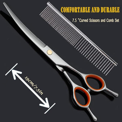 AIRY 7.5" Dog Grooming Kit Professional Dog Grooming Scissors Set Including Comb and Curved Scissors for Dog Grooming, Cat Dogs Grooming Shears for Right and Left Handers Trimming
