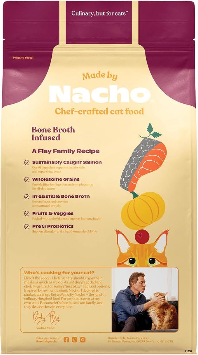 Made by Nacho Dry Cat Kibble 11lb Bag, High Protein and Grain-Friendly Premium Cat Food, Sustainably Caught Salmon and Pumpkin, Infused with Bone Broth for Hydration, Limited Ingredients, Single Bag