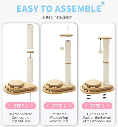 Made4Pets Cat Scratching Post Cat Scratcher Kitten Toys for Indoor Cats Wooden Ball Track Two-Layer Modern Sisal 23.4" Tall Scratch Post Interactive Toy with Dangling Ball Middle Size