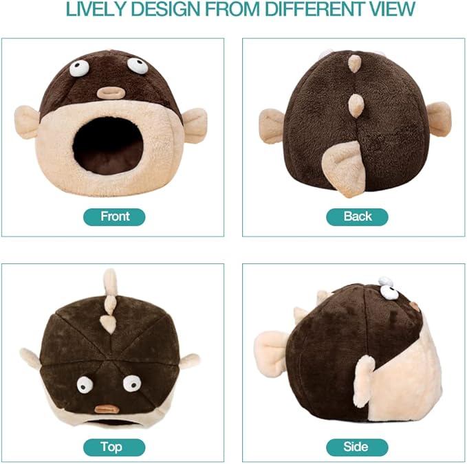 Cat Beds for Indoor Cats - Cat Bed Cave with Removable Washable Cushioned Pillow, Soft Plush Premium Cotton No Deformation Pet Bed, Lively Pufferfish cat House Design, Brown, Multiple Sizes