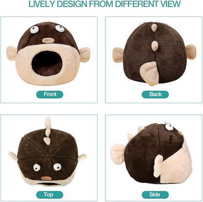 Cat Beds for Indoor Cats - Cat Bed Cave with Removable Washable Cushioned Pillow, Soft Plush Premium Cotton No Deformation Pet Bed, Lively Pufferfish cat House Design, Brown, Multiple Sizes