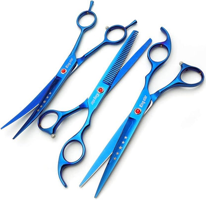 7.0in Titanium Professional Pet Grooming Scissors Set,Straight & Thinning & Curved Scissors 3pcs Set for Dog Grooming,A350 (Blue)