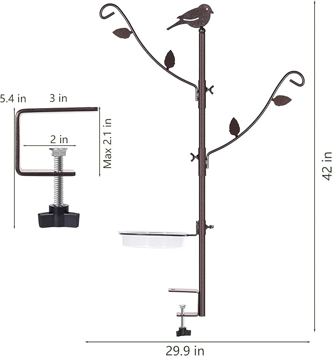 Deck Bird Feeder Pole Porch Multi-Hooks Hanging Kit for Outside with Two Adjustable Branches, Water Bowl, Bird Feeder Planter Hanger