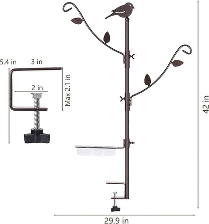 Deck Bird Feeder Pole Porch Multi-Hooks Hanging Kit for Outside with Two Adjustable Branches, Water Bowl, Bird Feeder Planter Hanger