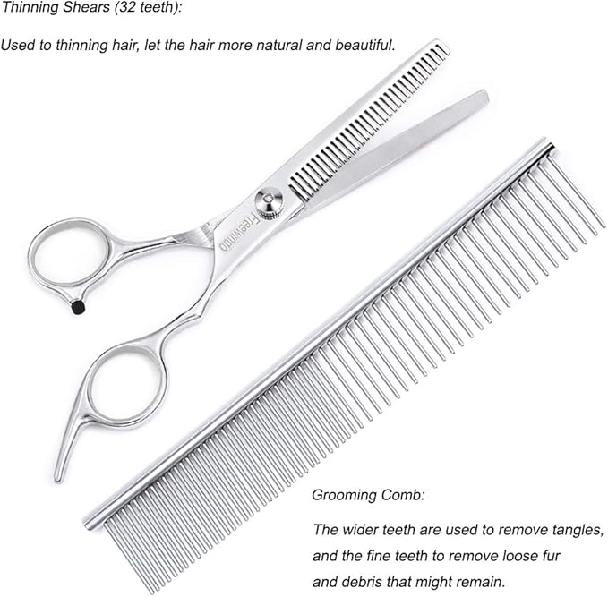 Dog Grooming Scissors Kit, Safety Round Tip, Heavy Duty Stainless Steel Dog Scissors and Dog Nail Clippers for Grooming Full Body
