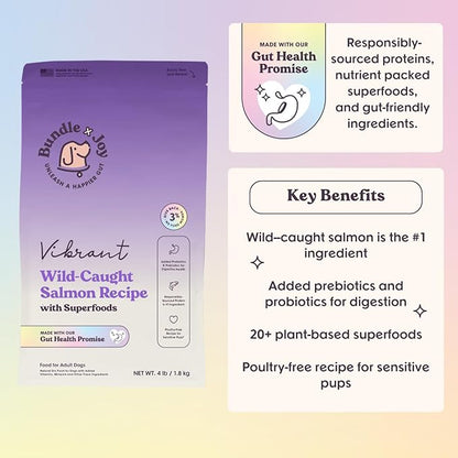 Bundle x Joy Vibrant Probiotic Dog Food Dry, Salmon, 18lb Bag, Allergy and Gut-Friendly Adult Kibble for Digestive Health with Wild-Caught Salmon, 20 Plant Based Superfoods, Grain x Poultry Free