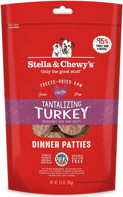 Stella & Chewy's Freeze Dried Raw Dinner Patties  Grain Free Dog Food, Protein Rich Tantalizing Turkey Recipe  5.5 oz Bag