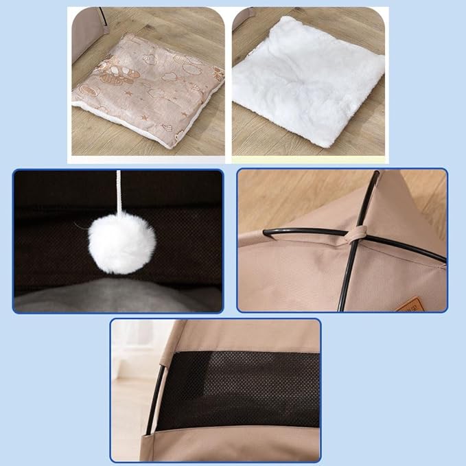 Cute Cat Teepee Cave, Cat Tent Foldable Indoor Outdoor with Thick Mat,Puppy Bed Tent,Bunny Pet Tent Teepee,Portable Dog House Teepee Tent, Cat Bed,Dog Bed Tent,Puppy Bunny,Pet Tent Teepee (R, M)