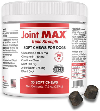 PHS Joint MAX Triple Strength (TS) Soft Chews for Dogs - Glucosamine, Chondroitin, MSM, Turmeric, Omega 3 - Hip and Joint Pain Relief and Support for Dogs - Made in USA - 30 Soft Chews