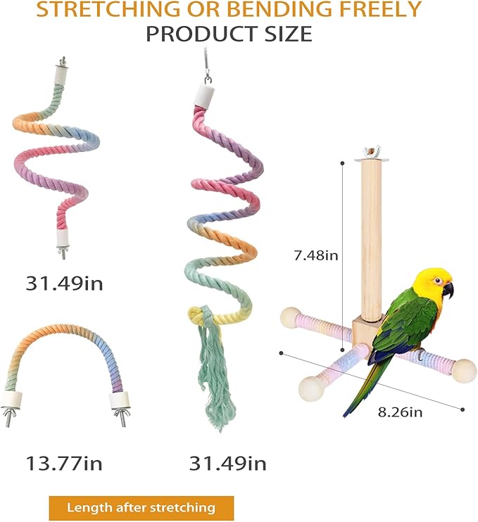 4-Piece Bird Toys for Parrots - 360° Rotating Wooden Perches for Cages, Interactive Bird Cage Accessories with Swing & Ladder, Suitable for Small-Medium Parrots, Parakeets, Cockatiels
