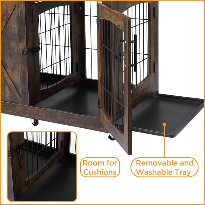 Wooden Dog Crate Furniture with Divider, Rustic Brown, 3 Doors Kennel with Tray, Easy Assembly, Anti-Slip, 130 lbs Weight Capacity