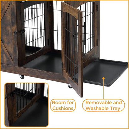 Wooden Dog Crate Furniture with Divider, Rustic Brown, 3 Doors Kennel with Tray, Easy Assembly, Anti-Slip, 130 lbs Weight Capacity