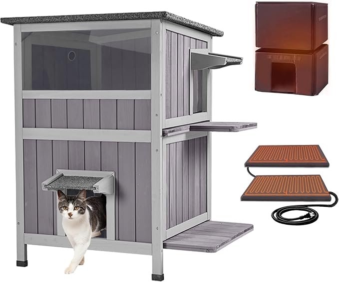 Aivituvin Outdoor Heated Cat House, Two-Story Feral Cat Shelter, Wooden Cat Condos, Weatherproof Cat Enclosure for Winter with Escape Doors
