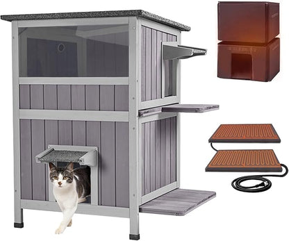 Aivituvin Outdoor Heated Cat House, Two-Story Feral Cat Shelter, Wooden Cat Condos, Weatherproof Cat Enclosure for Winter with Escape Doors