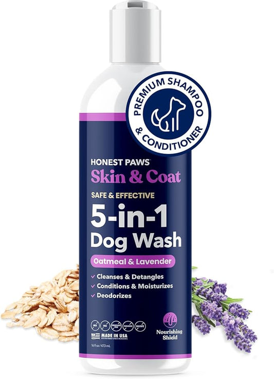 Honest Paws Dog Shampoo and Conditioner - Premium Dog Wash for Allergies and Dry, Itchy, Moisturizing for Sensitive Skin - Sulfate Free, Plant Based, All Natural - Oatmeal & Lavender - 16 Fl Oz