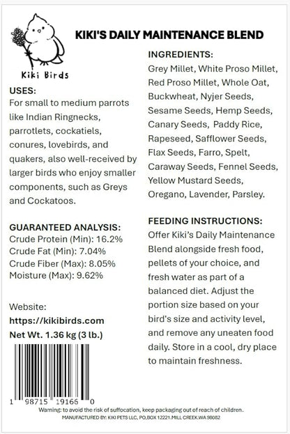 Premium Parrot Food| Protein-Rich Low-Fat Formula | Cockatiel, Conure, Lovebird, Quaker, Parrotlet | No Corn, Soy, Peanuts | Gourmet Whole Grains & Seeds | Daily Maintenance Blend (3 lbs)