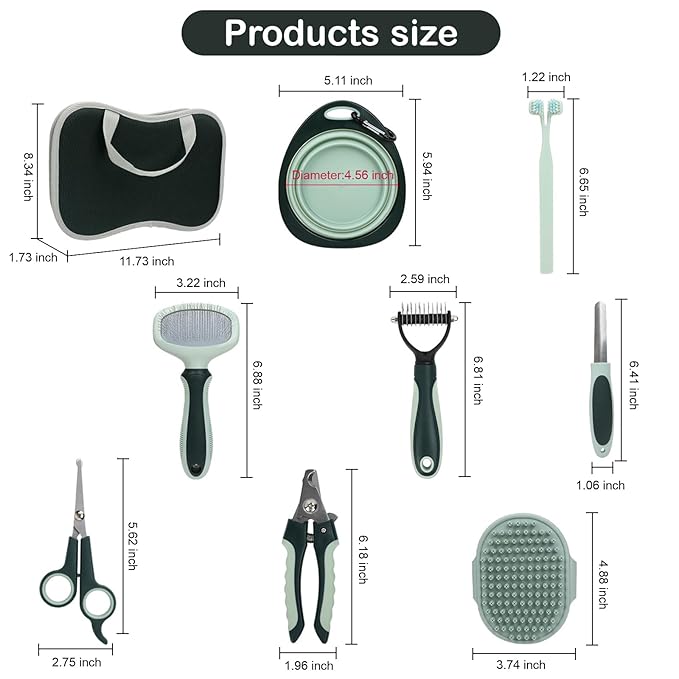 8 Pcs Pet Grooming Kit, Cat Dog Brush, Nail Clipper, Deshedding Brush, Undercoat Rake, Pet Shampoo Bath Brush, Toothbrush, Collapsible Bowl