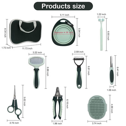 8 Pcs Pet Grooming Kit, Cat Dog Brush, Nail Clipper, Deshedding Brush, Undercoat Rake, Pet Shampoo Bath Brush, Toothbrush, Collapsible Bowl