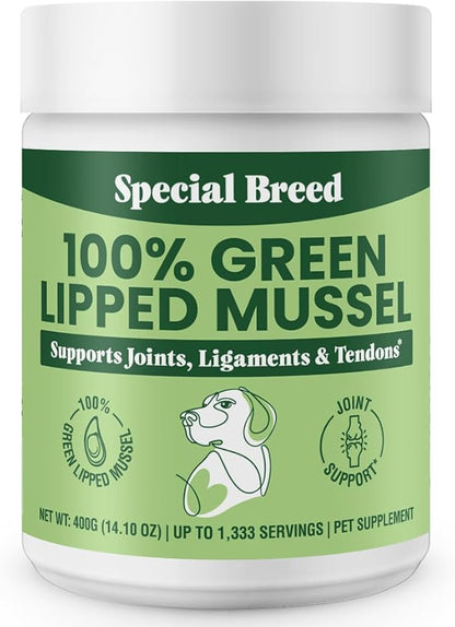 Special Breed Green Lipped Mussel Powder for Dogs & Cats - 100% New Zealand Green Lipped Mussels - Natural Hip & Joint Supplement for Joints, Tendons, Ligaments, Muscles - 400 Grams - 1,333 Servings